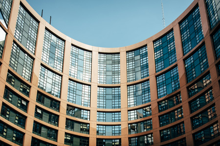 STRASBOURG, FRANCE - JUNE 1, 2012: European Parliament Building with windows of Members of the European Parliament - shot from low angleのeditorial素材