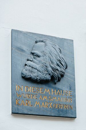 TRIER, GERMANY - FEB 21, 2015: Commemorative plaque at the house were Karl Marx, the German philosopher, economist, sociologist, journalist, and revolutionary socialist was born in 1818のeditorial素材