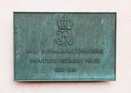 TRIER, GERMANY - 22 FEB, 2015: Koniglich Preussische Rheinisches, Infanterie Regiment 69 commemorative plaque on the Kurfurstliches Palais - Electoral Place in Trier, Germany. Since 1871, the Rheinische 7th Infantry Regiment Nr. 69 was quartered in the saのeditorial素材