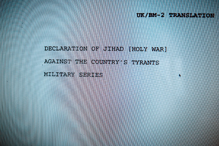 LONDON, UNITED KINGDOM - MAY 15, 2011: WikiLeaks document on a computer screen with text:  Declaration of Jihad (Holly War) against country's tyrants military series. WikiLeaks is an international, non-profit, journalistic organisation which publishes secのeditorial素材
