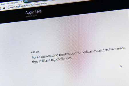 PARIS, FRANCE - MAR 9, 2015: Apple Computers event keynote tweets close up seen on iMac with tweet of Tim Cook about bigh challenges as seen on 9 March, 2015のeditorial素材
