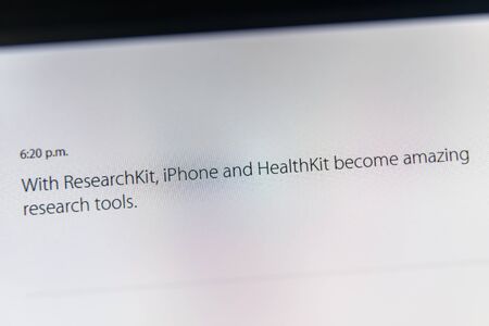 PARIS, FRANCE - MAR 9, 2015: Apple Computers event keynote tweets close up seen on iMac stating the amazing  interactions between ResearchKit, iPhone and HealthKit as seen on 9 March, 2015のeditorial素材