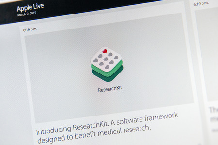 PARIS, FRANCE - MAR 9, 2015: Apple Computers event keynote tweets close up seen on iMac presenting new ResearchKit - a software framework designed to benefit medical research as seen on 9 March, 2015のeditorial素材