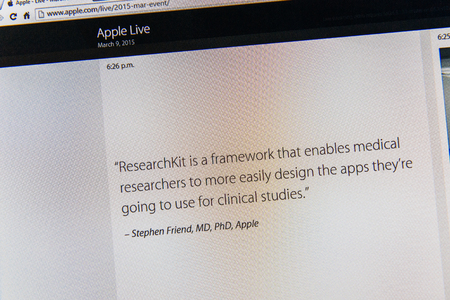PARIS, FRANCE - MAR 9, 2015: Apple Computers event keynote tweets close up seen on iMac about the ResearchKit framework that enables medical researchers to more easily design apps for clinical studies as seen on 9 March, 2015のeditorial素材