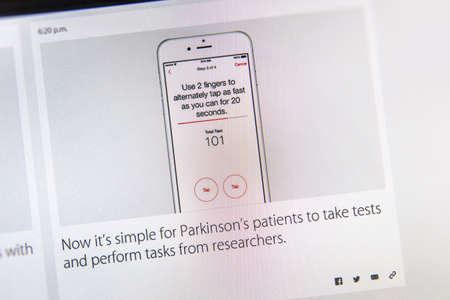 PARIS, FRANCE - MAR 9, 2015: Apple Computers event keynote tweets close up seen on iMac with test for Parkinson's patients as seen on 9 March, 2015のeditorial素材
