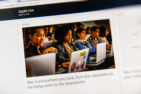 PARIS, FRANCE - MAR 9, 2015: Apple Computers event keynote tweets close up seen on iMac featuring the omnipresence of Apple Computers from classroom to the living room and boardroom seen on 9 March, 2015のeditorial素材