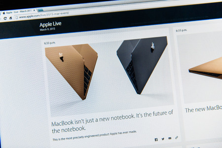 PARIS, FRANCE - MAR 9, 2015: Apple Computers event keynote tweets close up seen on iMac with the announcement of the new MacBook - the thinnest and lightest form ever with Retina display seen as the future of notebook as seen on 9 March, 2015のeditorial素材