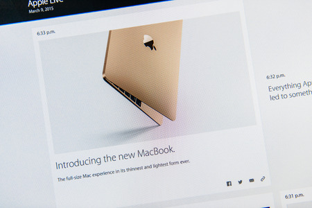 PARIS, FRANCE - MAR 9, 2015: Apple Computers event keynote tweets close up seen on iMac with the announcement of the new MacBook - the thinnest and lightest form ever with Retina display  as seen on 9 March, 2015のeditorial素材