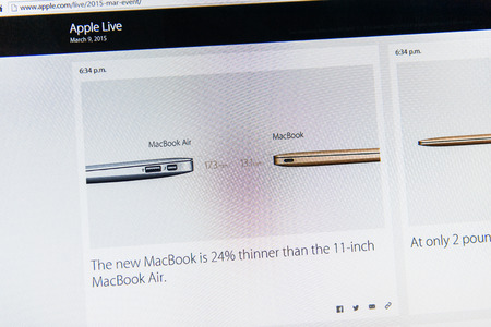 PARIS, FRANCE - MAR 9, 2015: Apple Computers event keynote tweets close up seen on iMac comaring the old MacBook Air and new MacBook in Gold - the thinnest and lightest form ever with Retina display seen as the future of notebook as seen on 9 March, 2015のeditorial素材