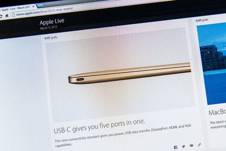 PARIS, FRANCE - MAR 9, 2015: Apple Computers event keynote tweets close up seen on iMac with the newly launched MacBook featuring new connectivity USB-C givving five ports in one as seen on 9 March, 2015のeditorial素材
