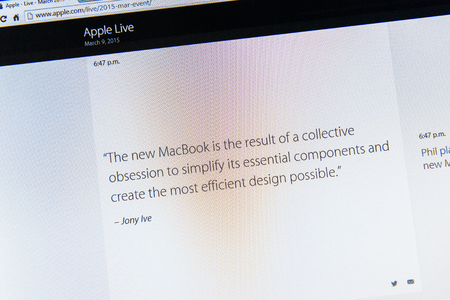 PARIS, FRANCE - MAR 9, 2015: Apple Computers event keynote tweets close up seen on iMac with the quote of Jony Ive about new MacBook design as seen on 9 March, 2015のeditorial素材