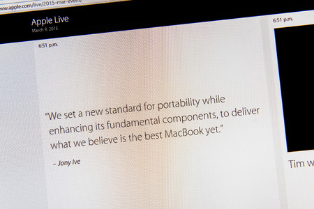 PARIS, FRANCE - MAR 9, 2015: Apple Computers event keynote tweets close up seen on iMacdisplay featuring Jony Ive quote about the new MacBook Retina as seen on 9 March, 2015のeditorial素材