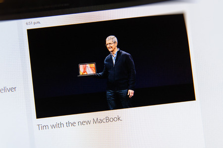 PARIS, FRANCE - MAR 9, 2015: Apple Computers event keynote tweets close up seen on iMac with the newly launched  as seen on 9 March, 2015のeditorial素材