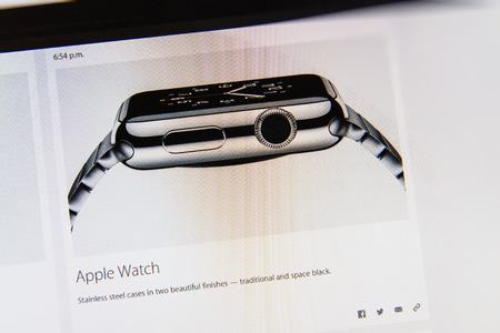 PARIS, FRANCE - MAR 9, 2015: Apple Computers event keynote tweets close up seen on iMac display with the newly launched Apple Watch stainless steel case color options as seen on 9 March, 2015のeditorial素材
