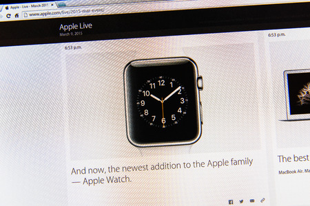 PARIS, FRANCE - MAR 9, 2015: Apple Computers event keynote tweets close up seen on iMac display with the newly launched Apple Watch as seen on 9 March, 2015のeditorial素材
