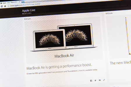 PARIS, FRANCE - MAR 9, 2015: Apple Computers event keynote tweets close up seen on iMac display with the newly updated Mc Book Air as seen on 9 March, 2015のeditorial素材