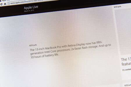 PARIS, FRANCE - MAR 9, 2015: Apple Computers event keynote tweets close up seen on iMac display with MacBook Pro Retina featured upgrades as seen on 9 March, 2015のeditorial素材