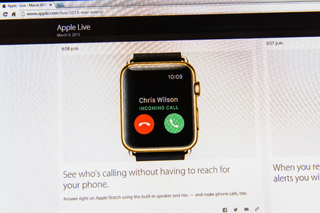 PARIS, FRANCE - MAR 9, 2015: Apple Computers event keynote tweets close up seen on iMac display featuring call options as seen on 9 March, 2015のeditorial素材