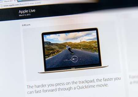PARIS, FRANCE - MAR 9, 2015: Apple Computers event keynote tweets close up seen on iMac with the features of Force Touch on a Quicktime movie as seen on 9 March, 2015のeditorial素材