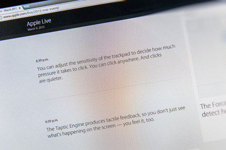 PARIS, FRANCE - MAR 9, 2015: Apple Computers event keynote tweets close up seen on iMac with the newly launched advantage of Force Touch Trackpad  as seen on 9 March, 2015のeditorial素材