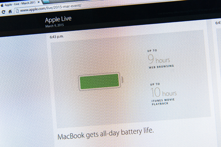 PARIS, FRANCE - MAR 9, 2015: Apple Computers event keynote tweets close up seen on iMac with the newly launched MacBook battery life as seen on 9 March, 2015のeditorial素材