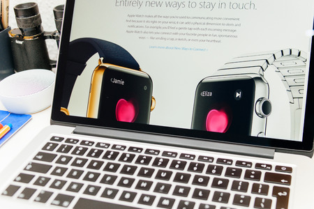 PARIS, FRANCE - MAR 10, 2015: Apple Computers website on MacBook Retina in room environment showcasing Apple Wtch section on the site as seen on 10 March, 2015のeditorial素材