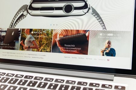 PARIS, FRANCE - MAR 10, 2015: Apple Computers website on MacBook Retina in room environment showcasing HBO Now, ResearchKit and March Event  as seen on 10 March, 2015のeditorial素材