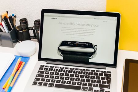 PARIS, FRANCE - MAR 10, 2015: Apple Computers website on MacBook Retina in room environment showcasing Apple Watch as a incredibly precise timepiece as seen on 10 March, 2015のeditorial素材