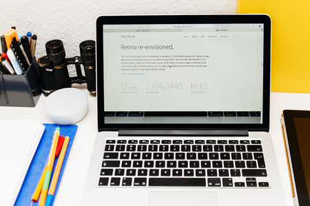 PARIS, FRANCE - MAR 10, 2015: Apple Computers website on MacBook Retina in room environment showcasing newly launched MacBook display specs as seen on 10 March, 2015のeditorial素材