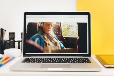 PARIS, FRANCE - MAR 10, 2015: Apple Computers website on MacBook Retina in room environment showcasing Bluetooth Audioon new MacBook as seen on 10 March, 2015のeditorial素材