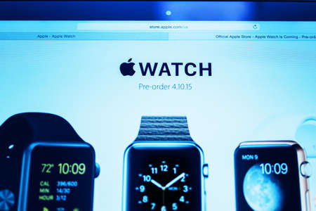 PARIS, FRANCE - MAR 10, 2015: Apple Computers website on MacBook Retina in room environment showcasing Apple Watch Preorder as seen on 10 March, 2015のeditorial素材