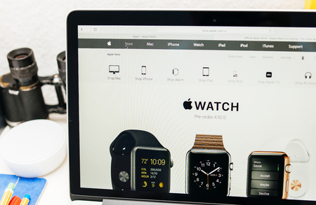 PARIS, FRANCE - MAR 10, 2015: Apple Computers website on MacBook Retina in room environment showcasing Apple Watch range as seen on 10 March, 2015のeditorial素材