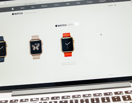PARIS, FRANCE - MAR 10, 2015: Apple Computers website on MacBook Retina in room environment showcasing  Apple Watch Edition range as seen on 10 March, 2015のeditorial素材