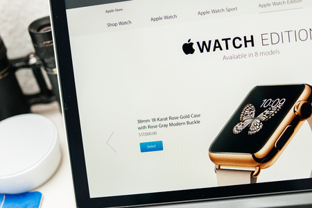 PARIS, FRANCE - MAR 10, 2015: Apple Computers website on MacBook Retina in room environment showcasing 17000 USD Apple Watin Edition as seen on 10 March, 2015のeditorial素材