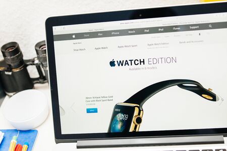 PARIS, FRANCE - MAR 10, 2015: Apple Computers website on MacBook Retina in room environment showcasing 10000 USD Apple Watch Edtion as seen on 10 March, 2015のeditorial素材