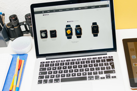 PARIS, FRANCE - MAR 10, 2015: Apple Computers website on MacBook Retina in room environment showcasing Apple Watch Edition range as seen on 10 March, 2015のeditorial素材