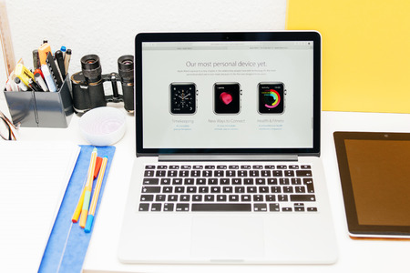 PARIS, FRANCE - MAR 10, 2015: Apple Computers website on MacBook Retina in room environment showcasing Apple Watch as most personal device as seen on 10 March, 2015のeditorial素材