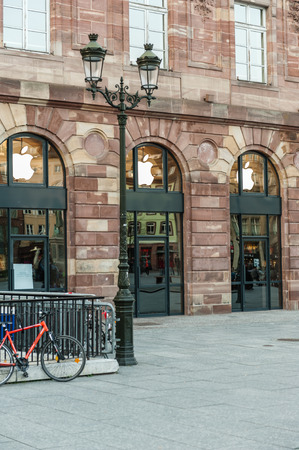 Apple Store facade with covered shopping windows with black fabric curtains to protect the store rearrangement for the Apple Watch launch. Apple's Watch with goes on sale in US, Europe and Asia on April 10のeditorial素材