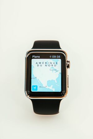 PARIS, FRANCE â APR 10, 2015: New wearable computer Apple Watch smartwatch displaying the new Maps App. Apple Watch incorporates fitness tracking and health-oriented capabilities and  integration with iOS Apple products and servicesのeditorial素材
