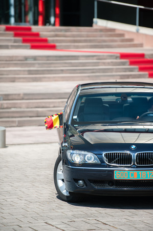 STRASBOURG, FRANCE - APRIL 21, 2015: Filip of Belgium and Queen Mathilde of Belgium arrive to visit the European Court of human Rights in Strasbourg, eastern France, on April 21, 2015.のeditorial素材