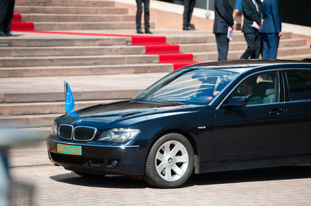 STRASBOURG, FRANCE - APRIL 21, 2015: Filip of Belgium and Queen Mathilde of Belgium arrive to visit the European Court of human Rights in Strasbourg, eastern France, on April 21, 2015.のeditorial素材