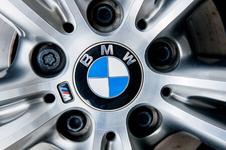 MUNCHEN, GERMANY - APRIL 06, 2015: BMW electric limousine alloy wheel detail with logotype of BMW on itのeditorial素材