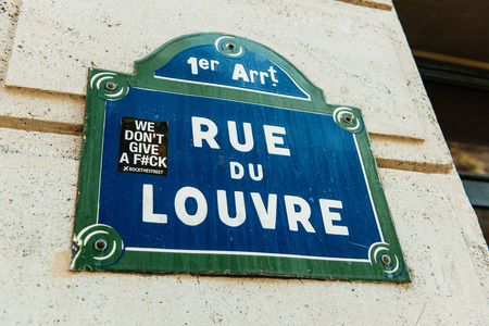 PARIS, FRANCE - AUGUST 18, 2014: Rue du Louvre with city sticker on it as seen in the 1st arrondissement of Parisのeditorial素材