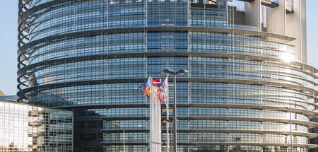 Frontal view of The European Parliament building in Strasbourg, France with flags waving on a spring eveningのeditorial素材