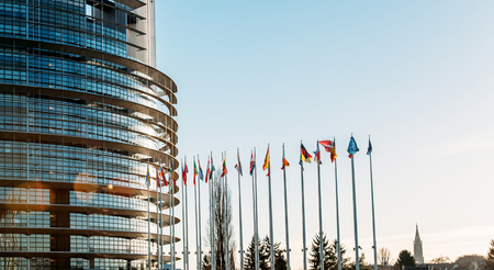 All European Union Flags in Strasbourg, France at the European parliament on a clear sky dayのeditorial素材