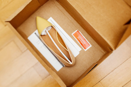 Electronic article surveillance or security tag placed in a shoe box to prevent shoplifting (also known as boosting and five-finger discount)の写真素材