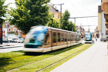 STRASBOURG FRANCE  MAY 23 2015: Train tramway in the city of Strasbourg France. The first tram line in Strasbourg which was originally horsedrawn opened in 1878.のeditorial素材