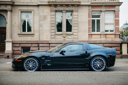 STRASBOURG FRANCE  MAY 16 2015: Chevrolet Corvette ZR 1 luxury sport car parked in front of historic building hotel. Between 20082014 only 4684 were produced.のeditorial素材