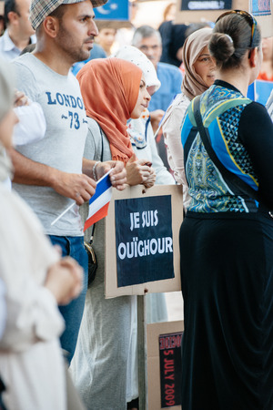 STRASBOURG, FRANCE - JULY 11, 2015:Je suis Ouighour -  Uyghur human rights activists participate in a demonstration to protest against Chinese government's policy in Uyghurのeditorial素材