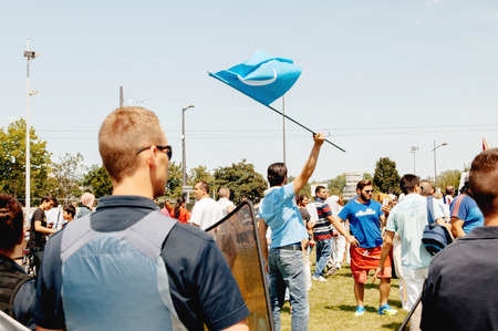 STRASBOURG, FRANCE - JULY 11, 2015: Uyghur human rights activists participate in a demonstration to protest against Chinese government's policy in Uyghurのeditorial素材